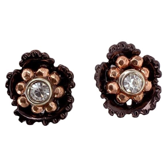 Rose Gold Rhinestone Flower Stud Earrings .25" Pierced - Picture 2 of 8